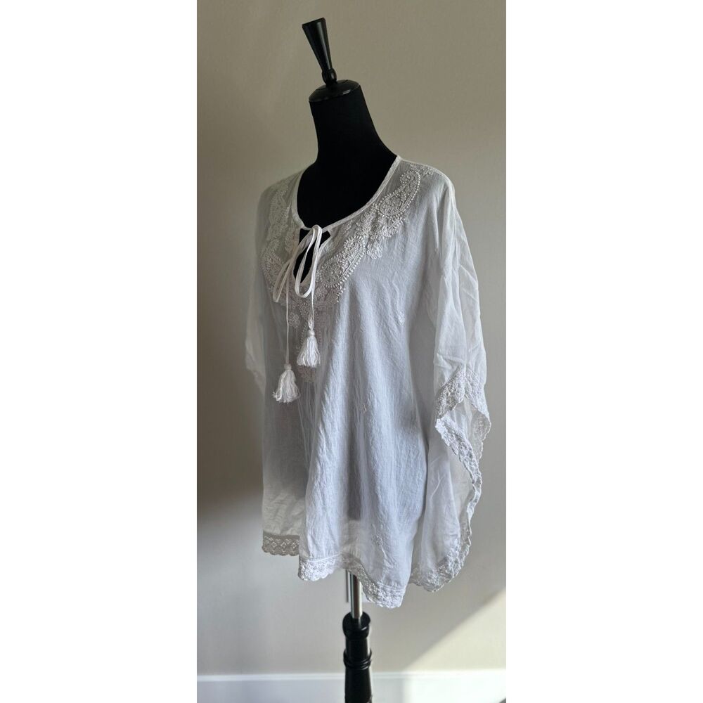 HOLI White Cotton Embroidered Tie Neck Tasseled Oversized Tunic Top Size L - Picture 2 of 7